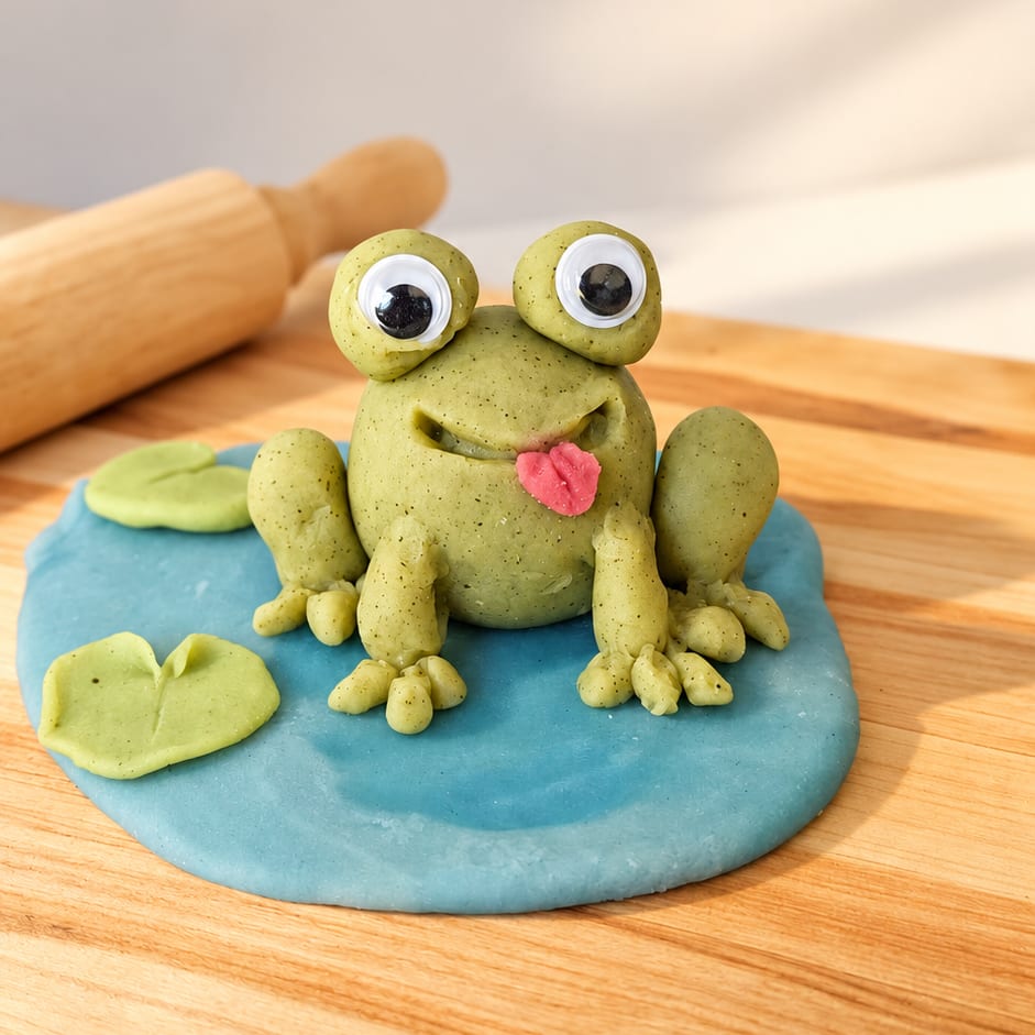 Handcrafted green clay frog with googly eyes and a pink tongue on a blue playdough pond with lily pads