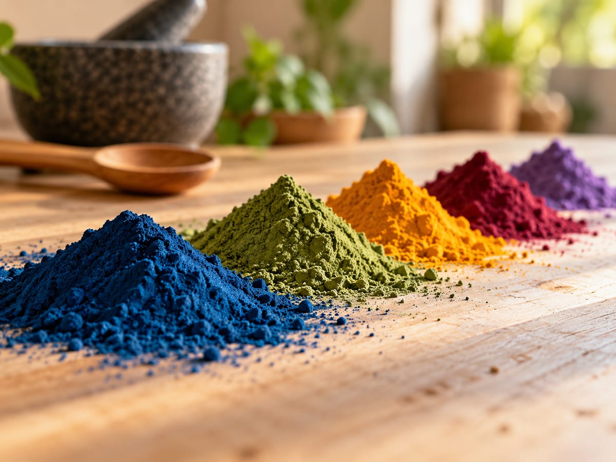 Mounds of colourful natural powders on wood: butterfly pea blue, spirulina green, turmeric yellow, beetroot pink and purple